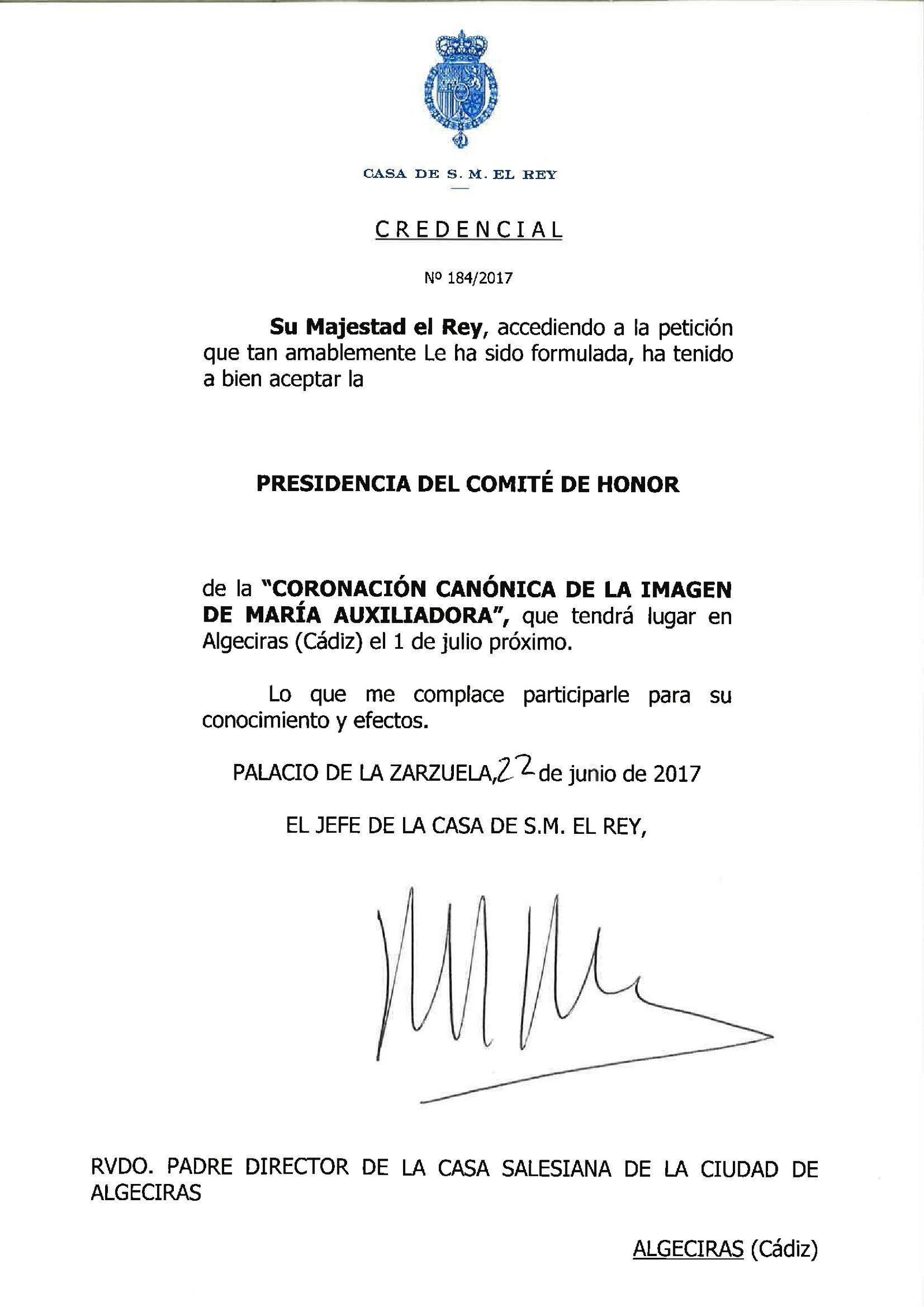 El Rey presidirá el Comité de Honor del acto de María Auxiliadora