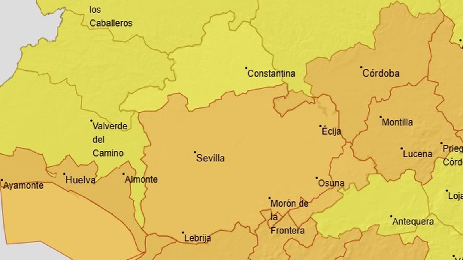 Mapa de avisos meteorológicos en la provincia de Sevilla.