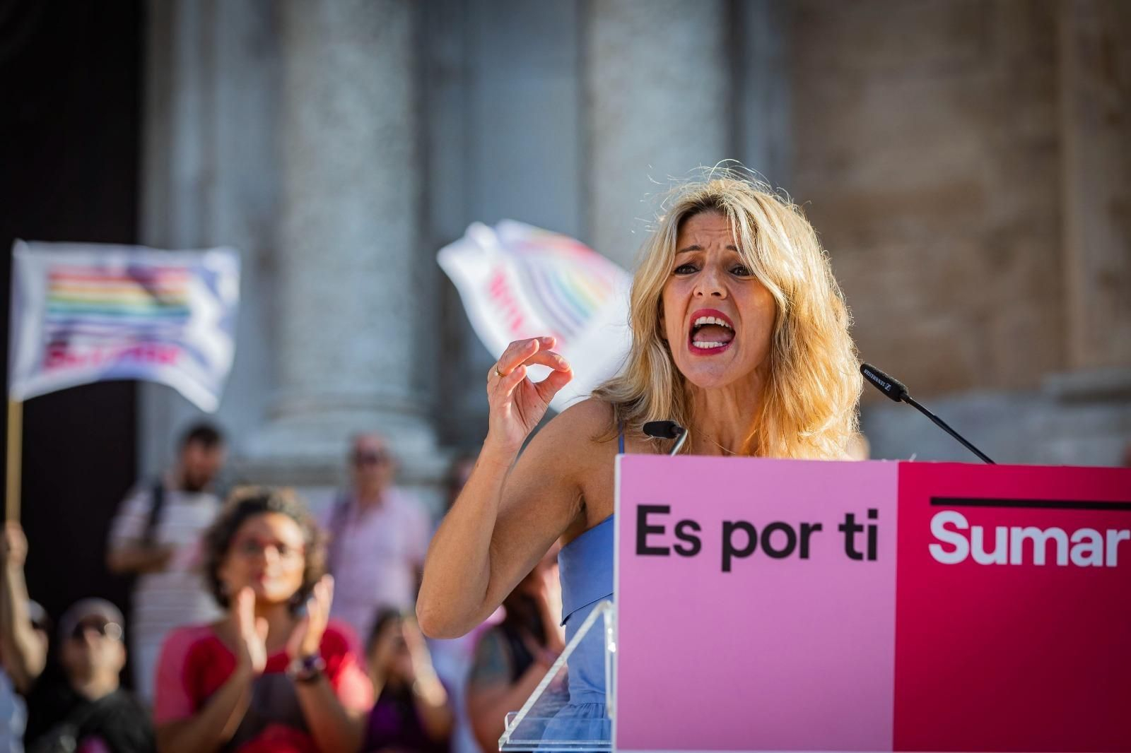 Mitin de Yolanda Díaz con la interrupción de los trabajadores del Metal