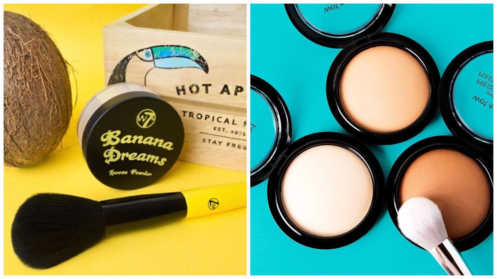 Polvos matificantes: Banana Dreams Loose Powder de W7 (izquierda); Photofocus Pressed Powder de Wet N Wild (derecha).