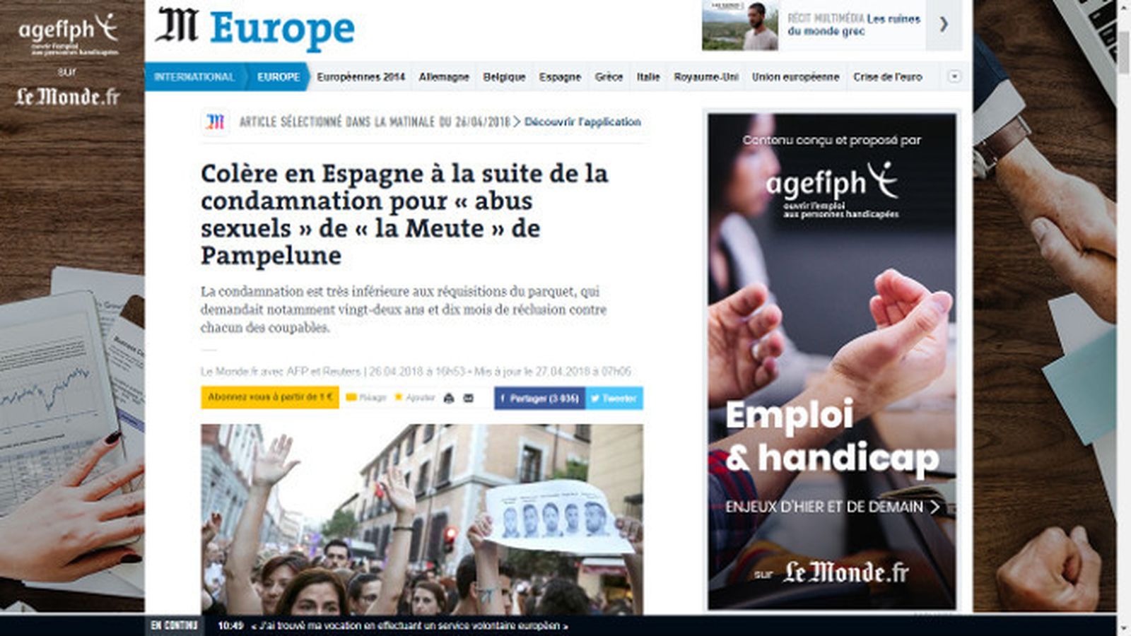 'Le Monde' recoge: ' Cólera en España tras la condena por "abuso sexual" de La Manada en Pamplona'