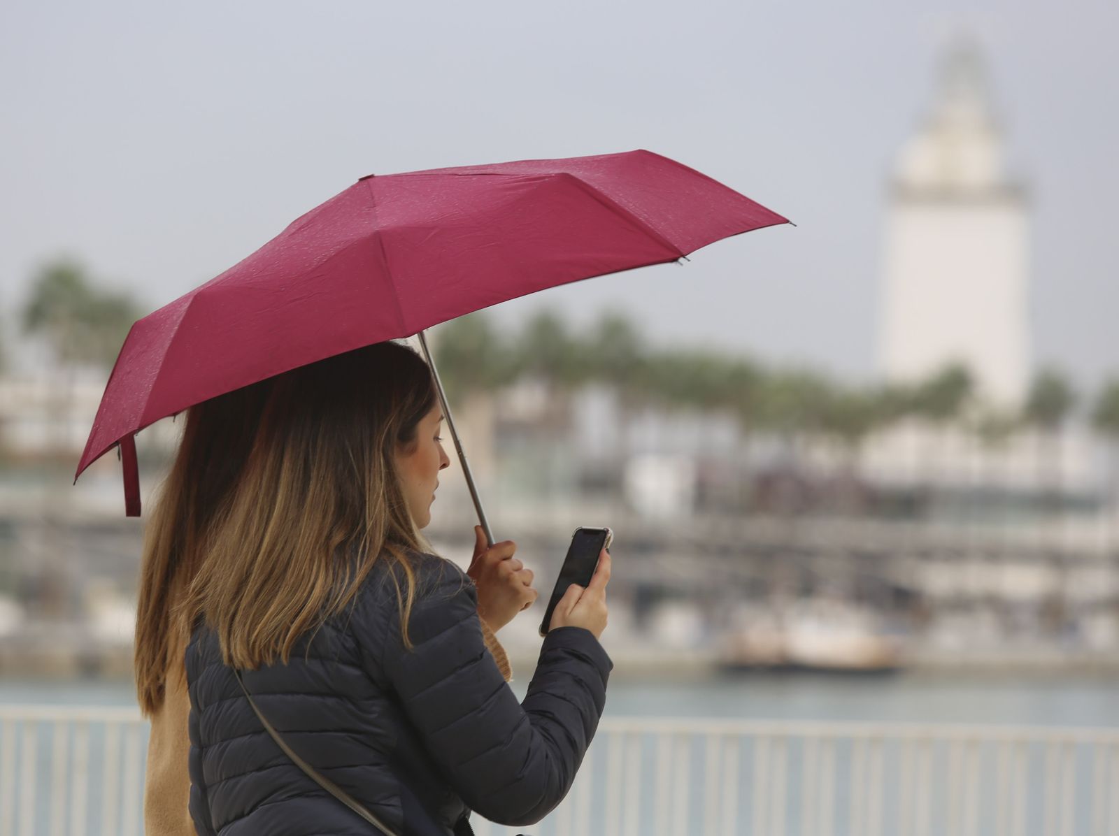 Dos mujeres con paraguas bajo la lluvia, este miércoles en Málaga capital.