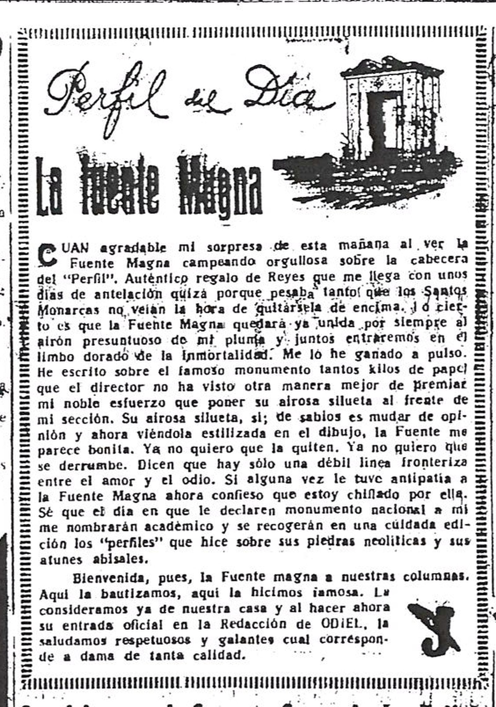 El artículo del Duende de la Placeta con el dibujo de la Fuente Magna.