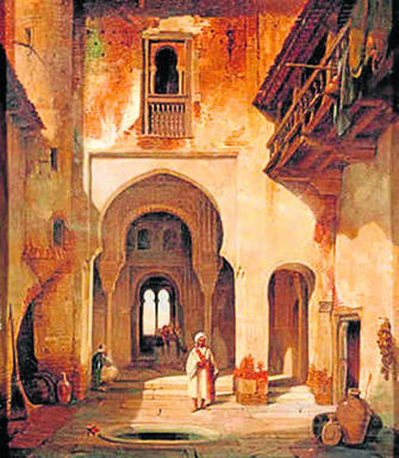 1. Pedro Benzal y María del Mar Villafranca junto al director del Museo de Bellas Artes durante la presentación de la exposición. 2. 'Personajes árabes en un patio', obra de François Antoine Bossuet que forma parte de la exposición temporal 'Granada, meta de artistas'. 3. Fotografía de Santiago Rusiñol i Prat, pintor que se une a la exposición que toma Granada como referente.