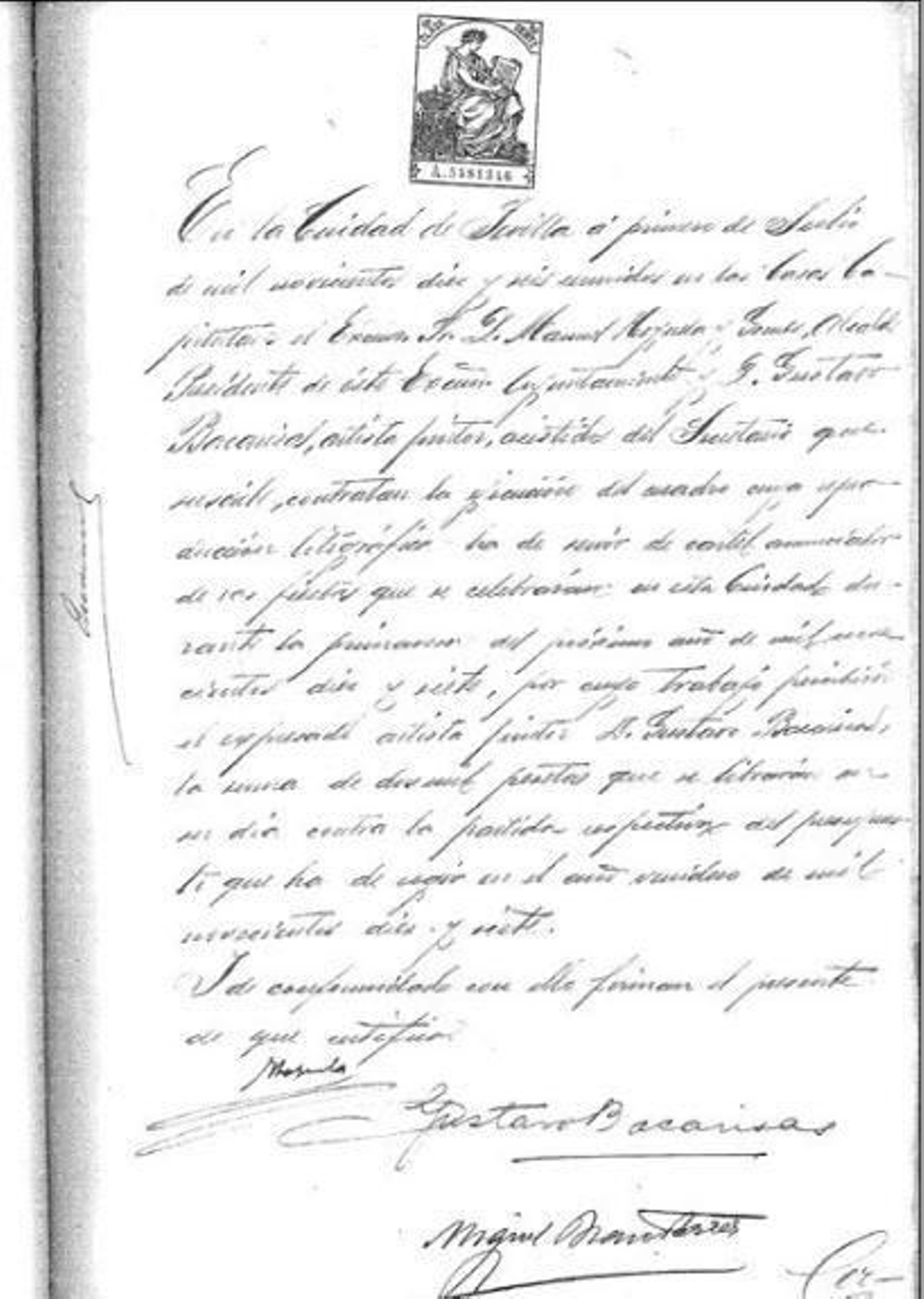 Contrato del encargo para el diseño del cartel de las Fiestas de Primavera de 1917 de Sevilla a Gustavo Bacarisas.