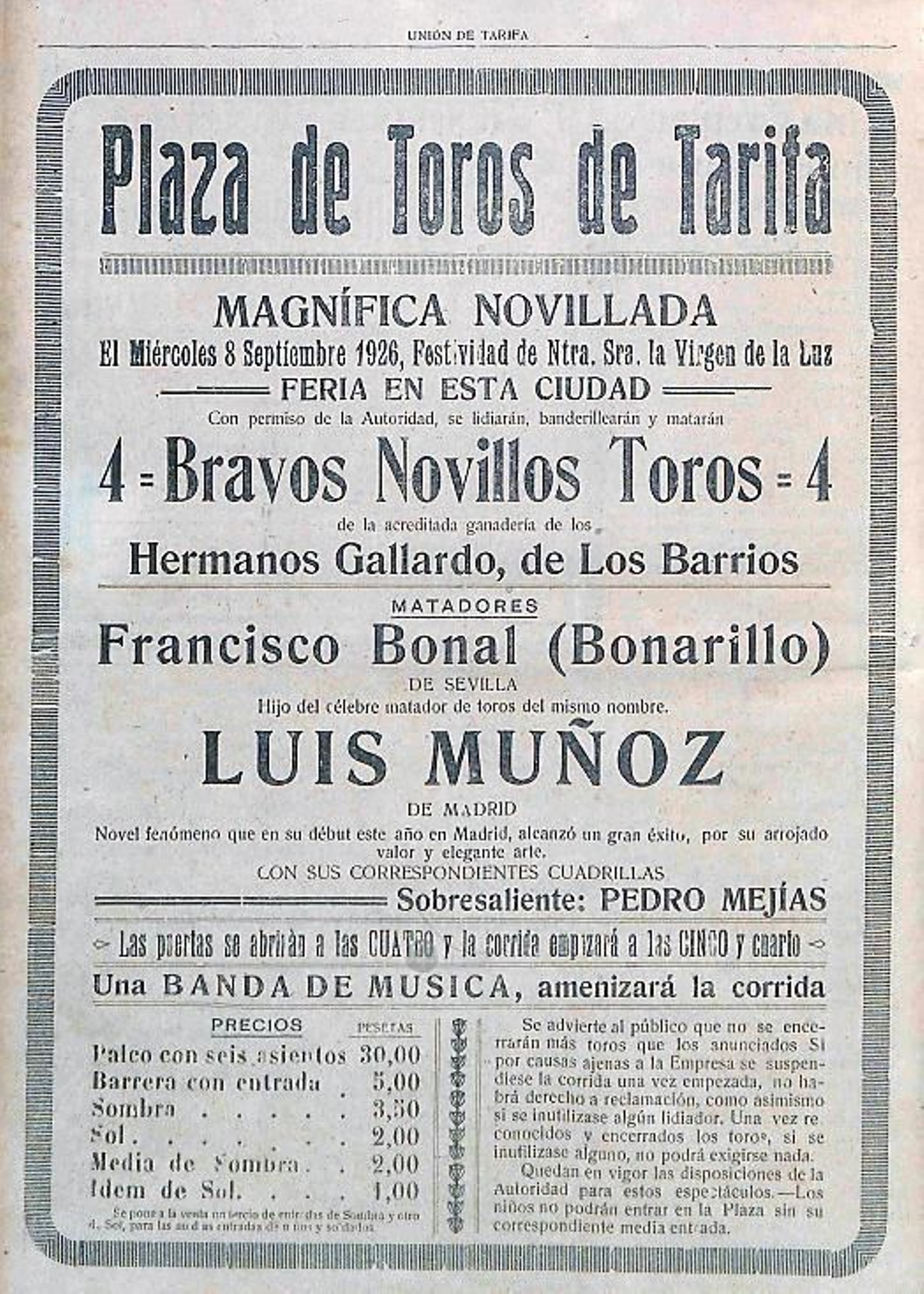 Cartel de la corrida de feria de 1926, en la que se lidiaron cuatro toros de la ganadería Gallardo, de Los Barrios.