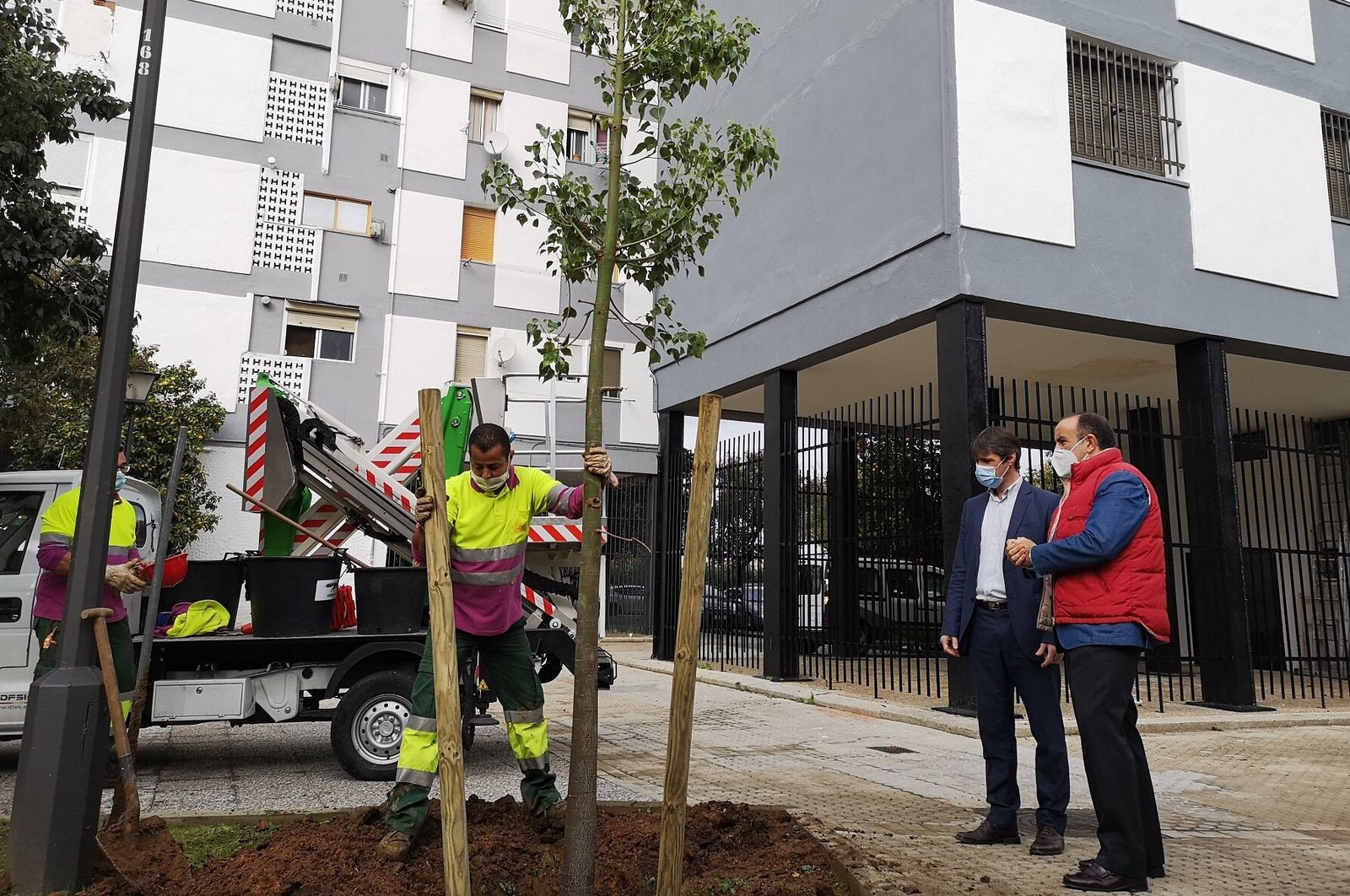 Los delegados de Transición Ecológica, David Guevara, y del Distrito San Pablo-Santa Justa, Francisco Páez, acudieron esta semana a la plantación en la calle Donantes de órganos.