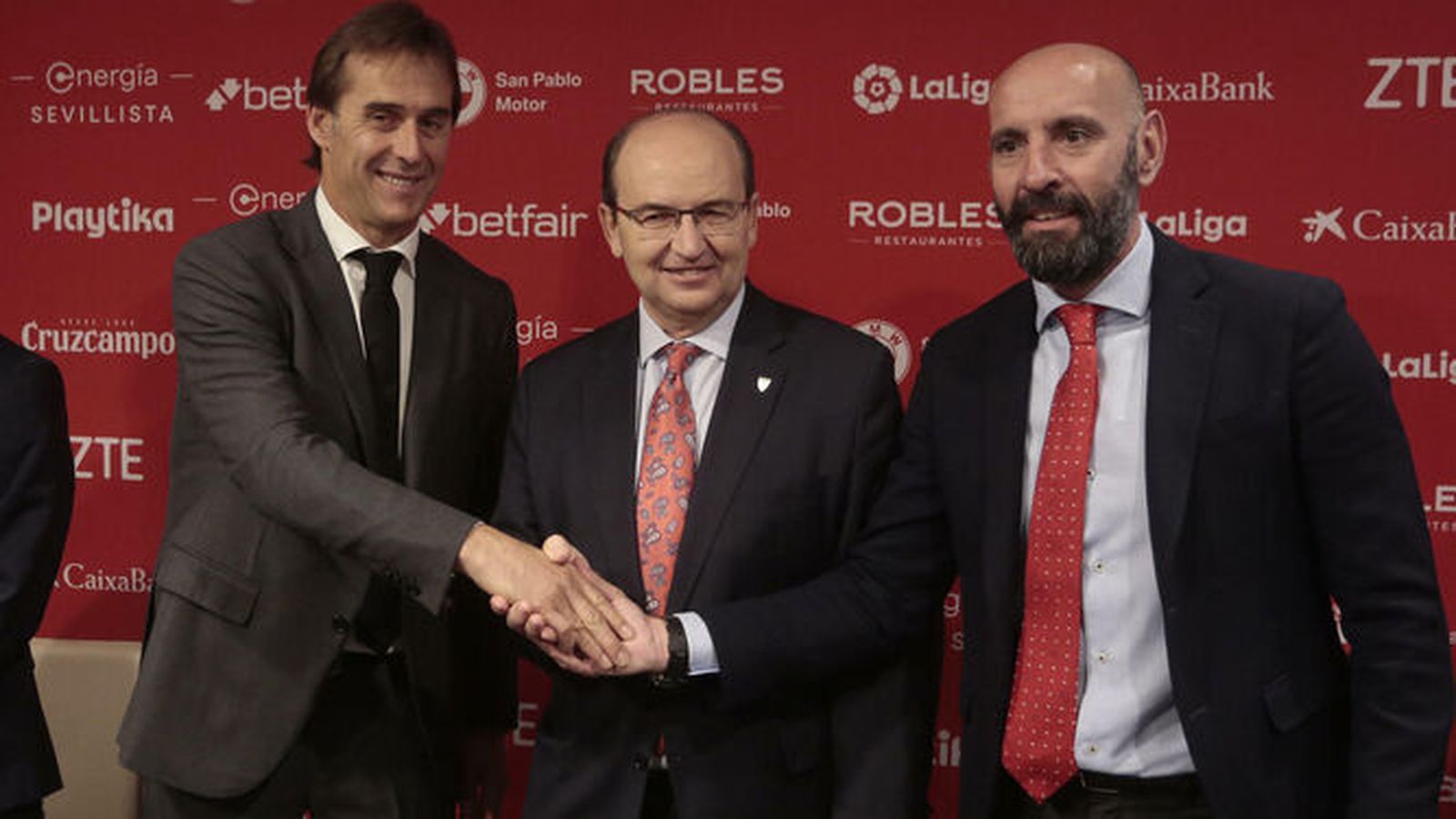 Julen Lopetegui junto a José Castro y Monchi en su presentación oficial hace tres años.
