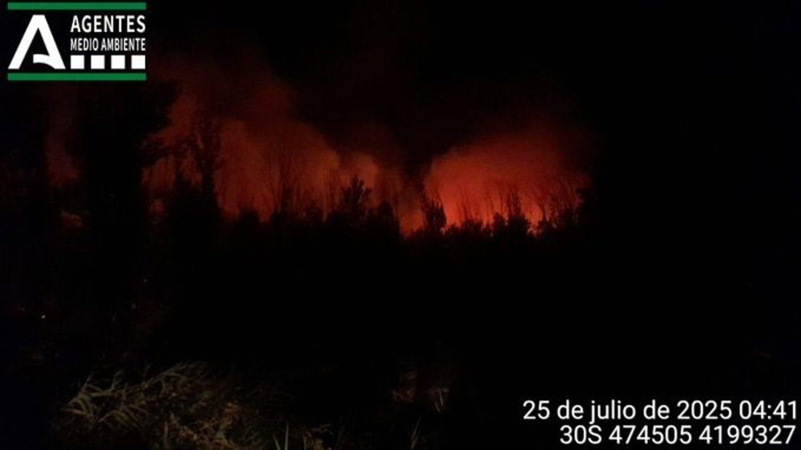 Vista nocturna del incendio en el paraje Puerto Bajo, Andújar