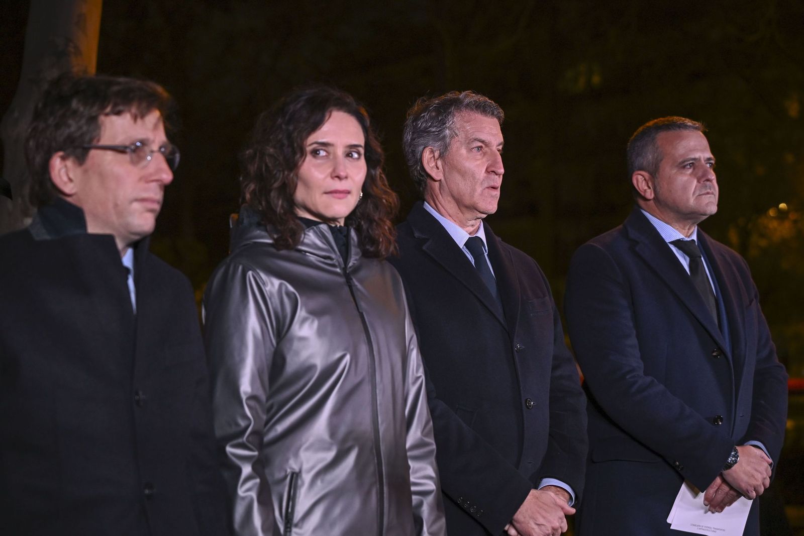 El alcalde de Madrid, José Luis Martínez-Almeida, la presidenta de la Comunidad de Madrid, Isabel Díaz Ayuso, y el presidente del PP, Alberto Núñez Feijóo, el jueves en el homenaje a Gregorio Ordóñez en Madrid.
