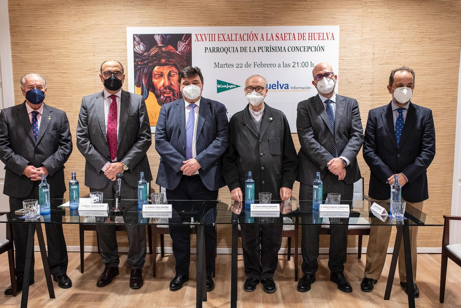 Antonio González, Manuel Vargas, Gabriel Cruz, Diego Capado, Javier Ronchel y Jesús Prada en la presentación de la XXVIII Exaltación de la saeta de Huelva.