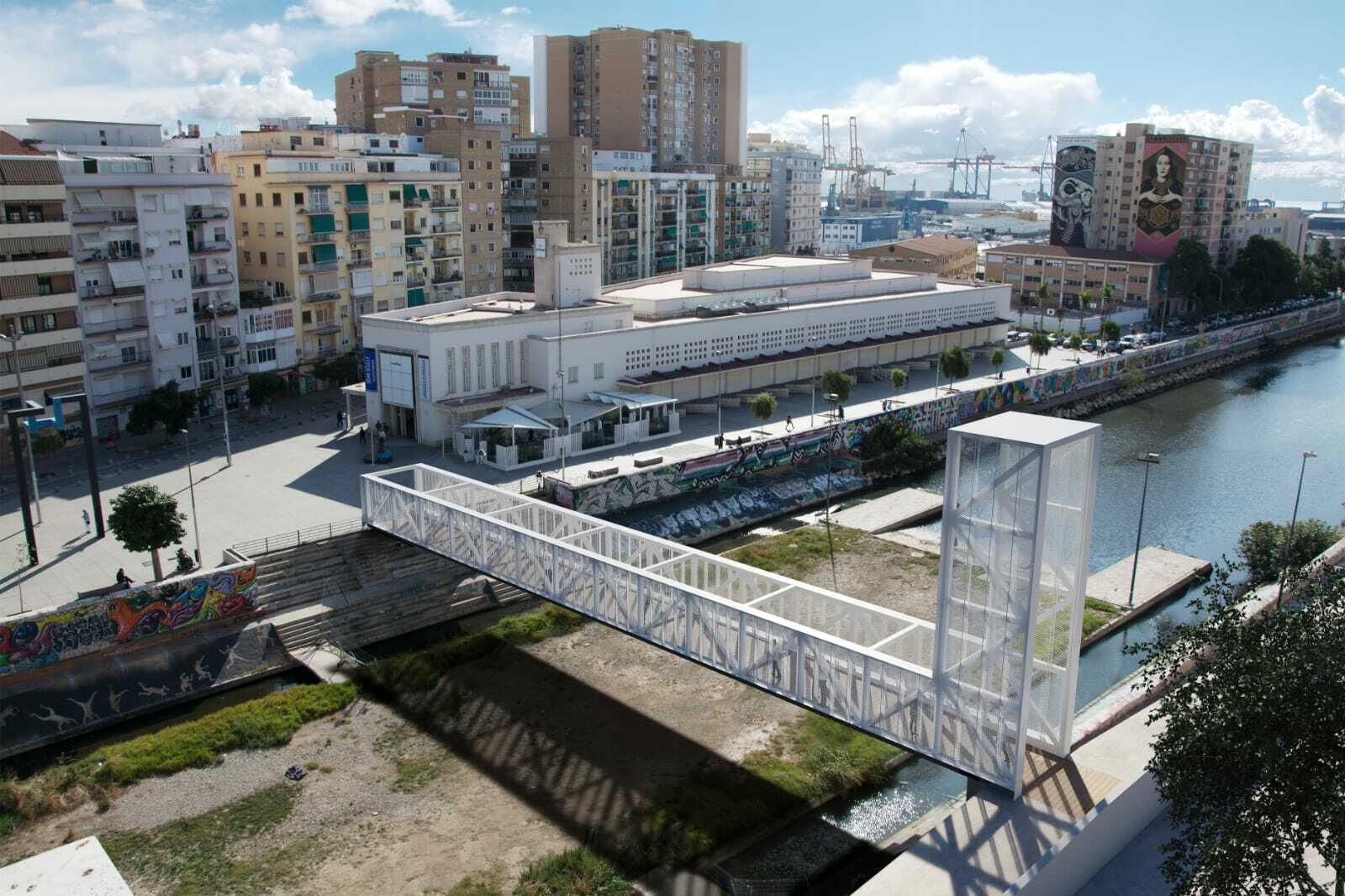 El diseño del puente sobre el Guadalmedina que irá junto al CAC Málaga. El diseño del puente sobre el Guadalmedina que irá junto al CAC Málaga.