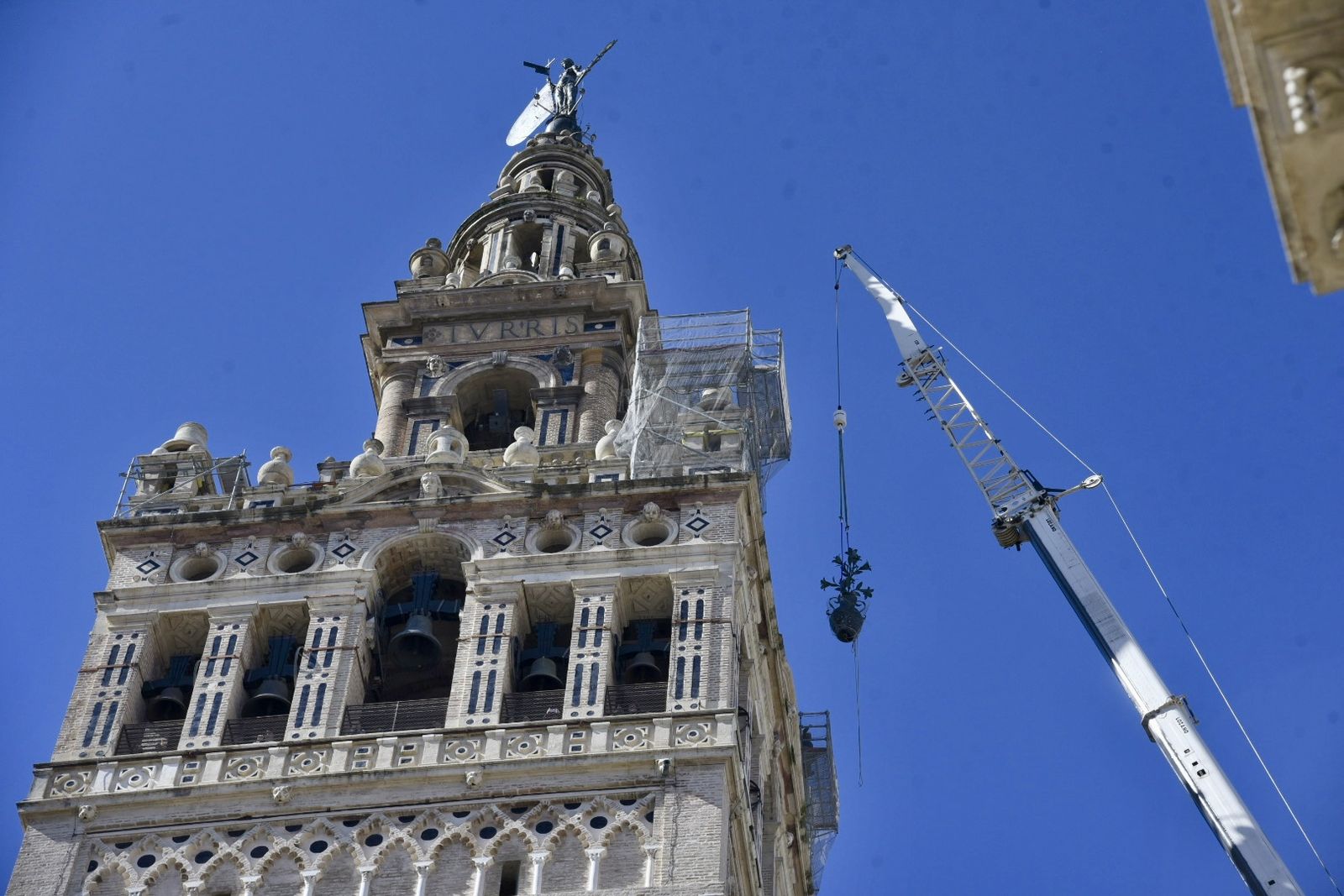La retirada de las jarras de las azucenas de la Giralda, en imágenes