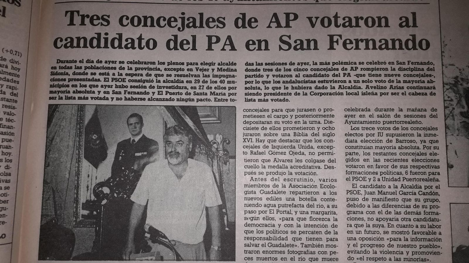 Página de Diario de Cádiz del 1 de julio de 1987 con la crónica de la sesión de investidura en el Ayuntamiento de San Fernando celebrada el día anterior.