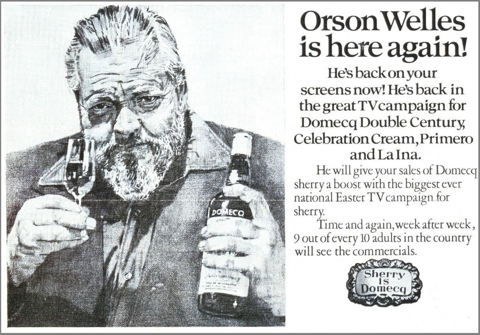 Orson Welles anuncia los vinos de Domecq en Estados Unidos, 1973.