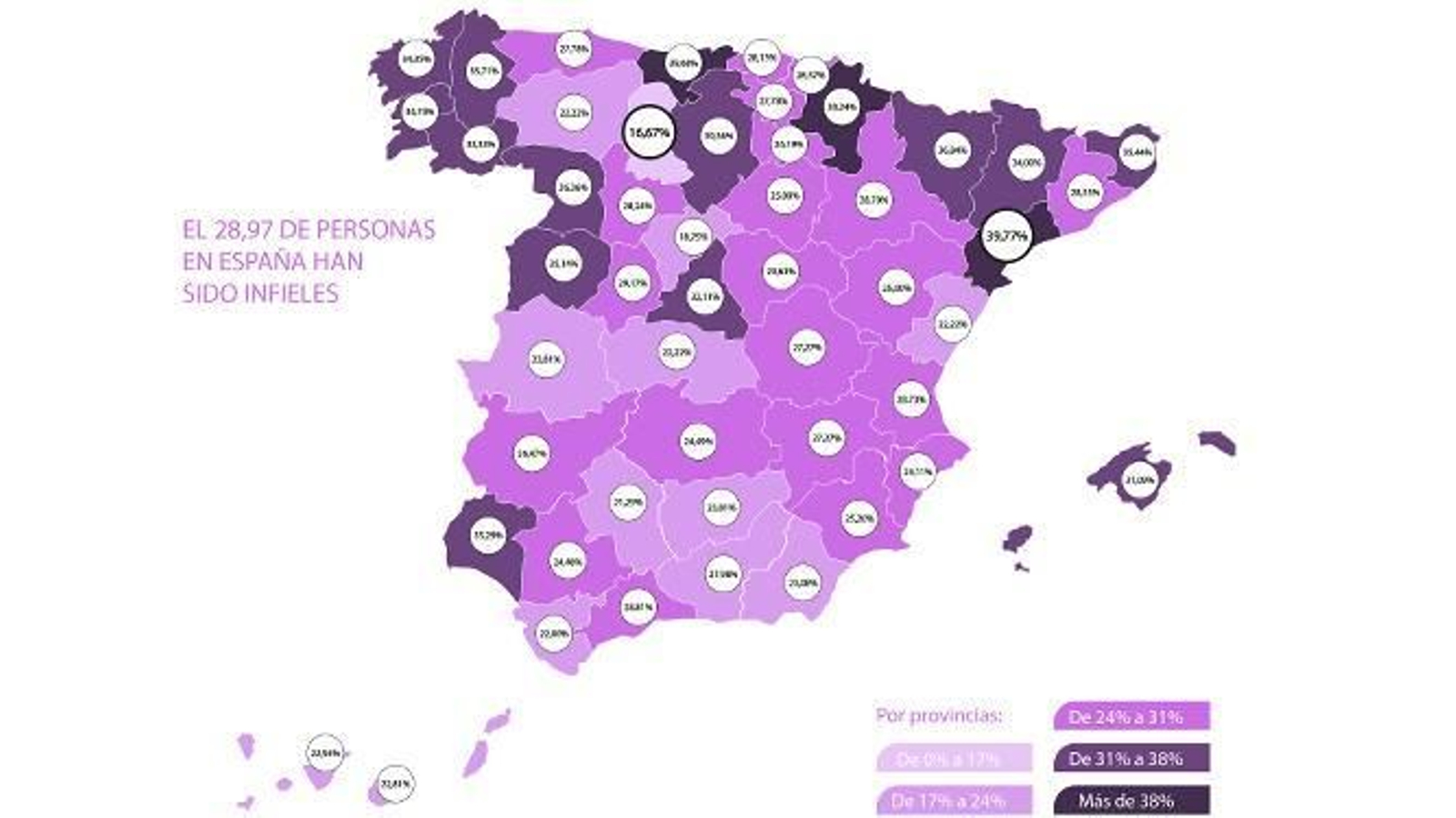 El mapa de Diversual sobre los porcentajes de infidelidades en España.
