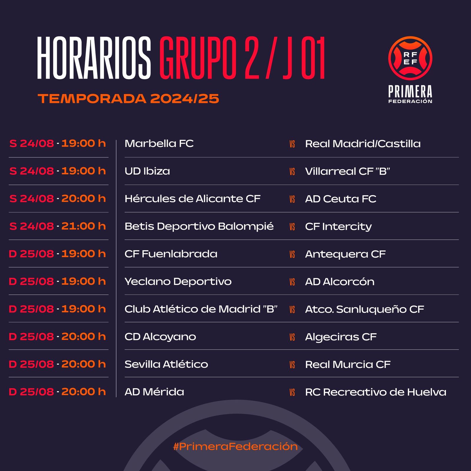 Horarios de la jornada 1.