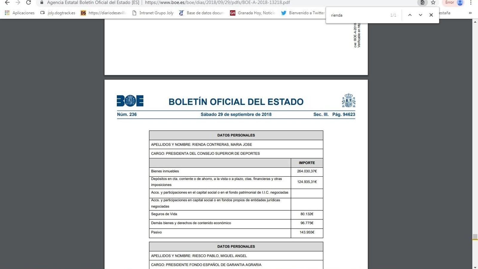 La declaración de bienes de Rienda, publicada en el BOE