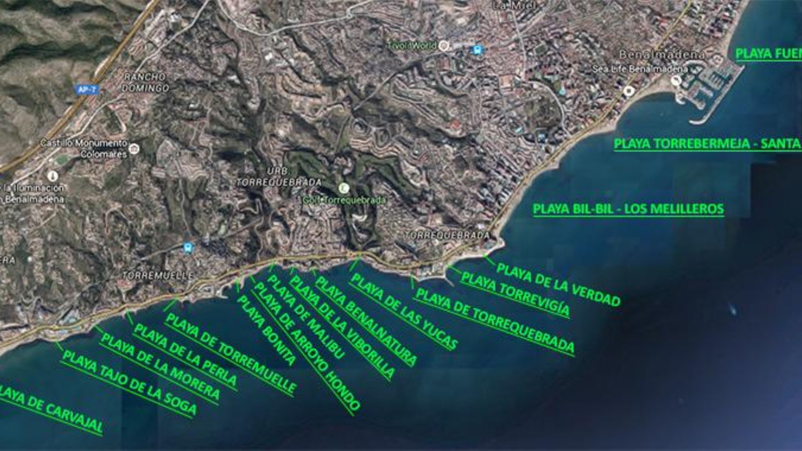 Mapa del litoral benalmadense con la ubicación de sus distintas playas. Mapa del litoral benalmadense con la ubicación de sus distintas playas.