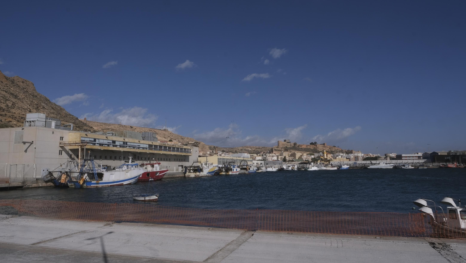 Temporal de viento y flota pesquera amarrada, en Almería