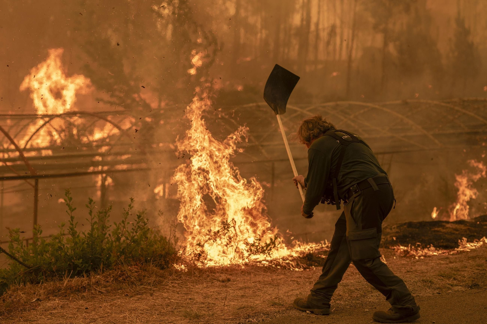Un guarda forestal trabaja en un incendio en Ourense.