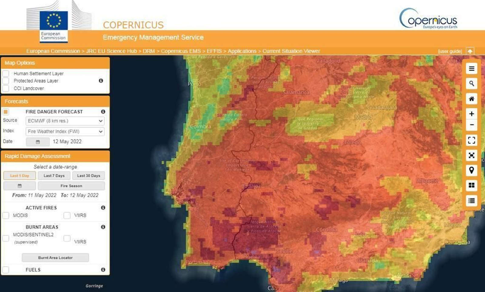 Plano con el riesgo de incendio del satélite Copernicus