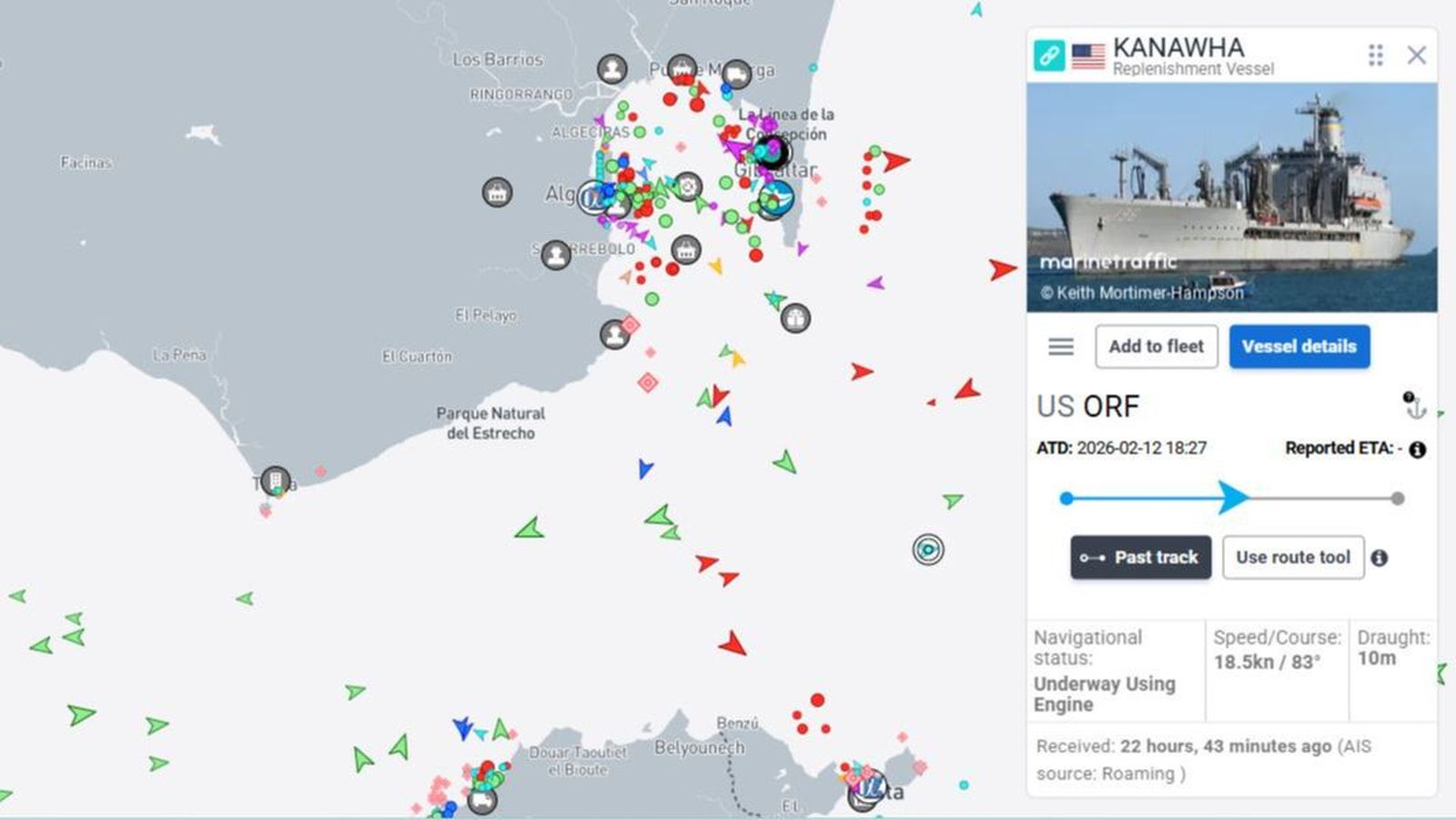 A primera hora de este 22 de febrero, el buque de reabastecimiento 'Kanawha' cruzó el estrecho de Gibraltar rumbo al Mediterráneo.