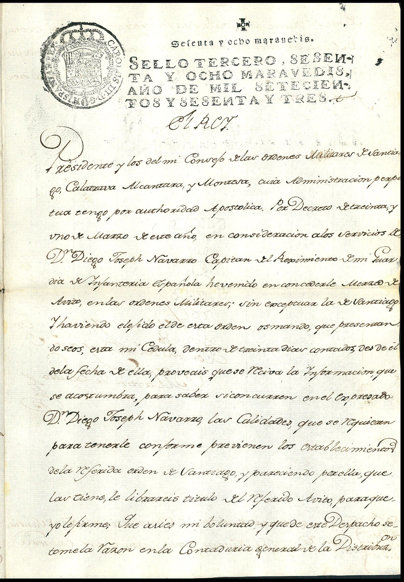 Expediente sobre la concesión de Caballero de la Orden de Santiago a Diego José Navarro.