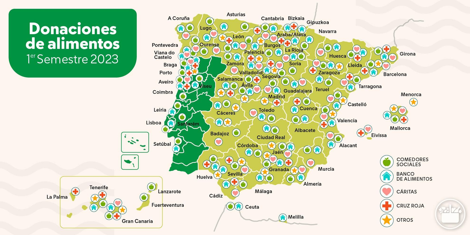 Mapa de donaciones de Mercadona en toda España y Portugal. Mapa de donaciones de Mercadona en toda España y Portugal.