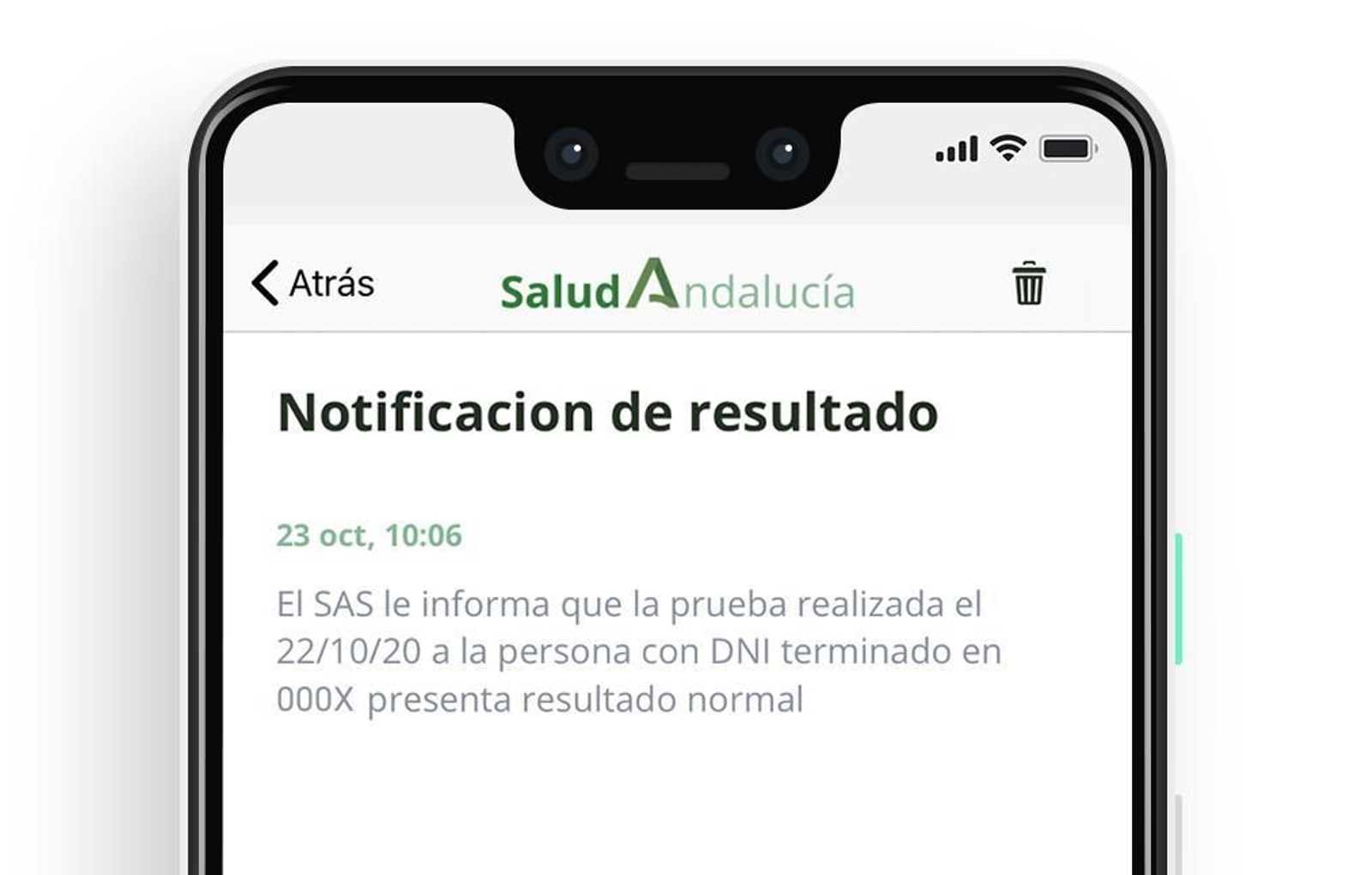 Mensaje SMS con los resultados de la prueba PCR.