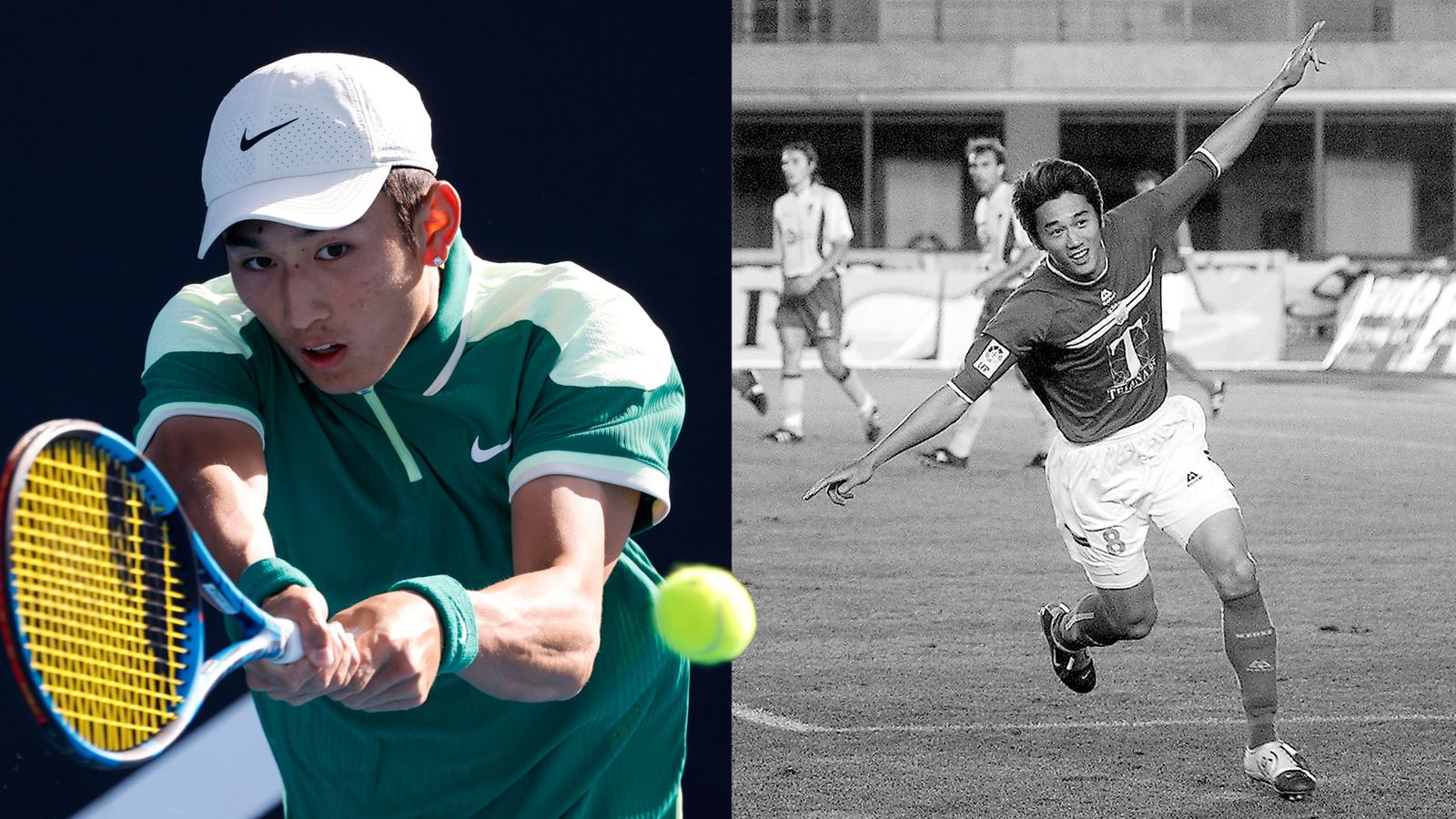 Jerry, en un partido del Open de Australia y, a la derecha, Shang Yi tras marcar un gol al Cádiz en Chapín.