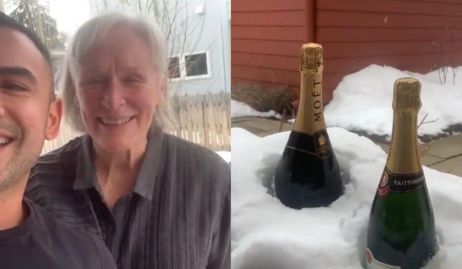 Glen Close, con su champán bien fresquito en la nieve de su porche.