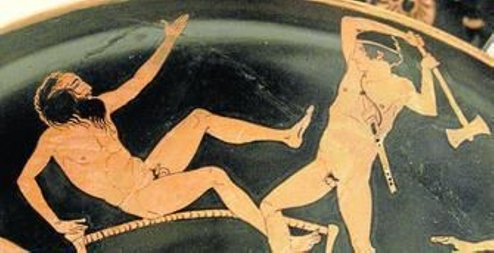 Cerámica griega en la que se narra la muerte de Proscusto a manos de Teseo.