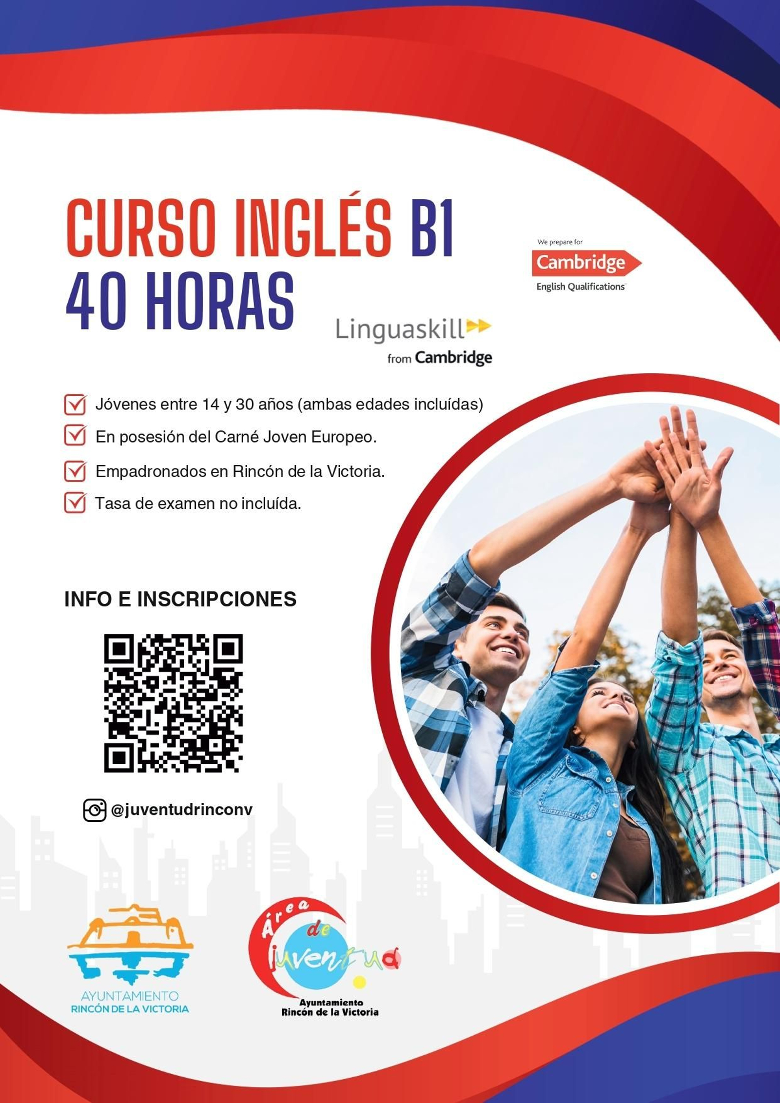 Cartel del curso gratuito de Inglés B1 para jóvenes en Rincón de la Victoria