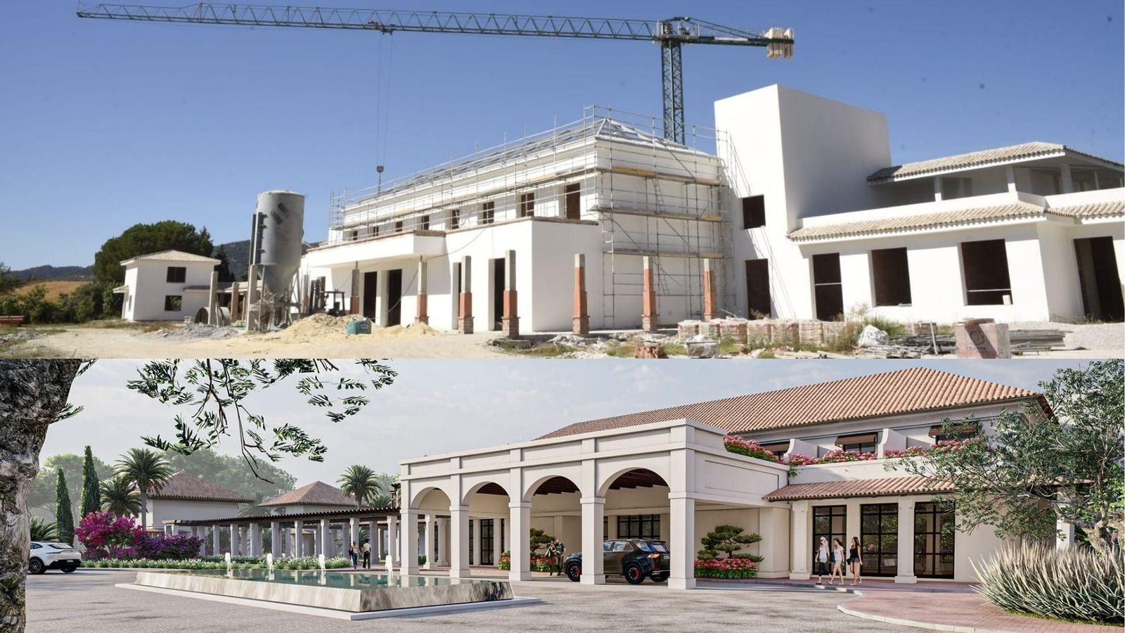 Obra actual del hotel Jimena Real, en la parte superior; recreación de cómo quedará cuando abra sus puertas, en la parte inferior.