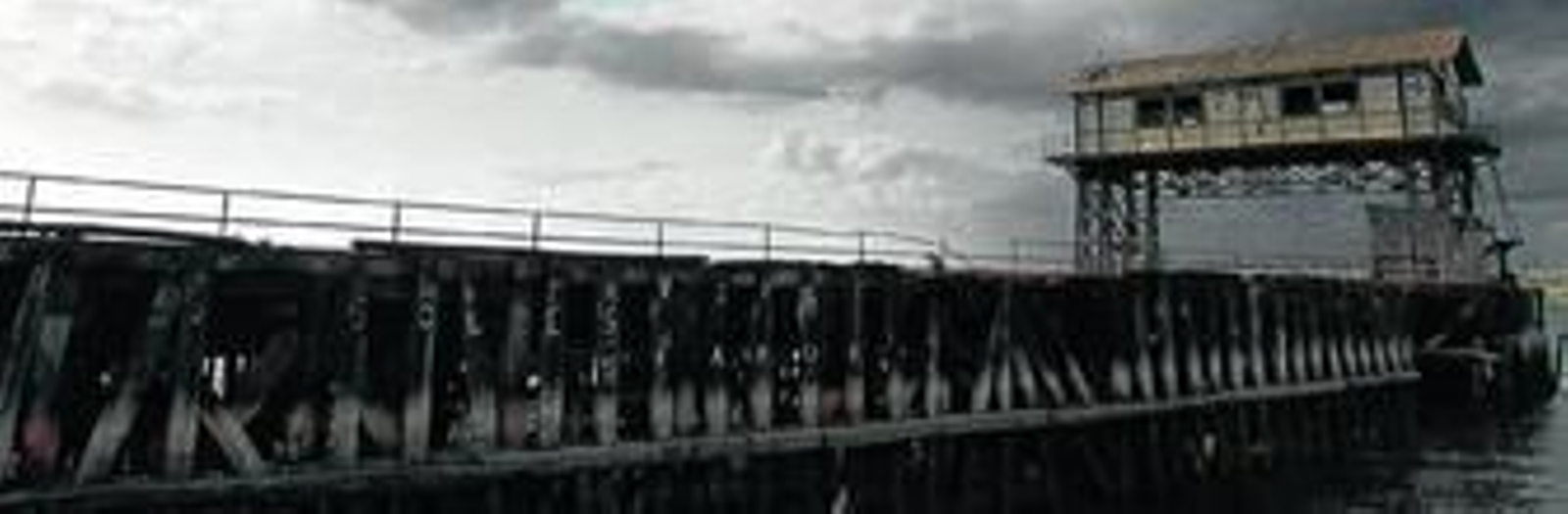 El Muelle de Tharsis, desde una embarcación, en la que se observa el mal estado de los travesaños de madera que sustentan la estructura de la infraestructura.