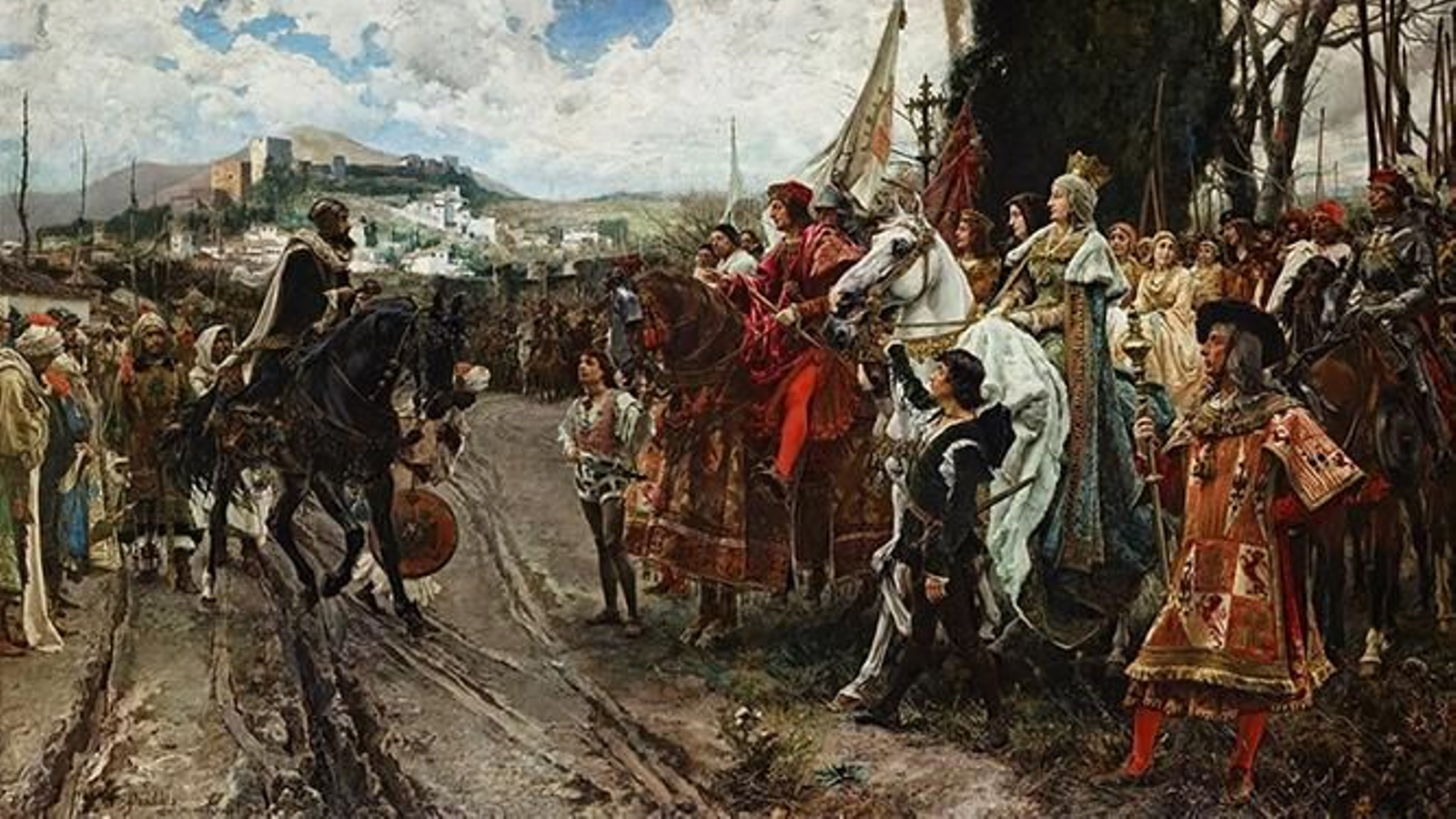 Pintura sobre la rendición del Reino de Granada ante los Reyes Católicos, poniendo fin a la Reconquista