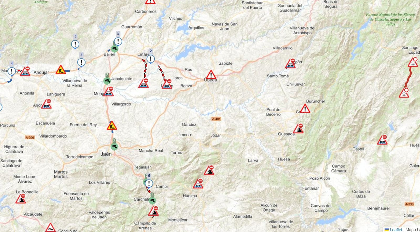 Mapa de la Dirección General de Tráfico con incidencias en la provincia de Jaén.