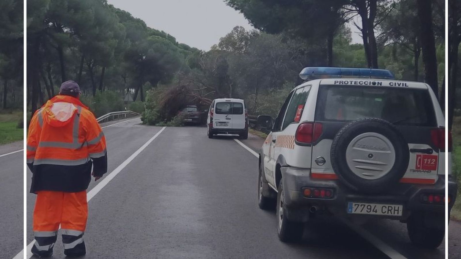 Un coche accidentado en Hinojos a causa del temporal este jueves.