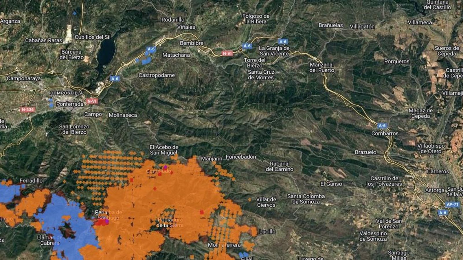 Mapa de incendios entre Astorga y Ponferrada Mapa de incendios entre Astorga y Ponferrada