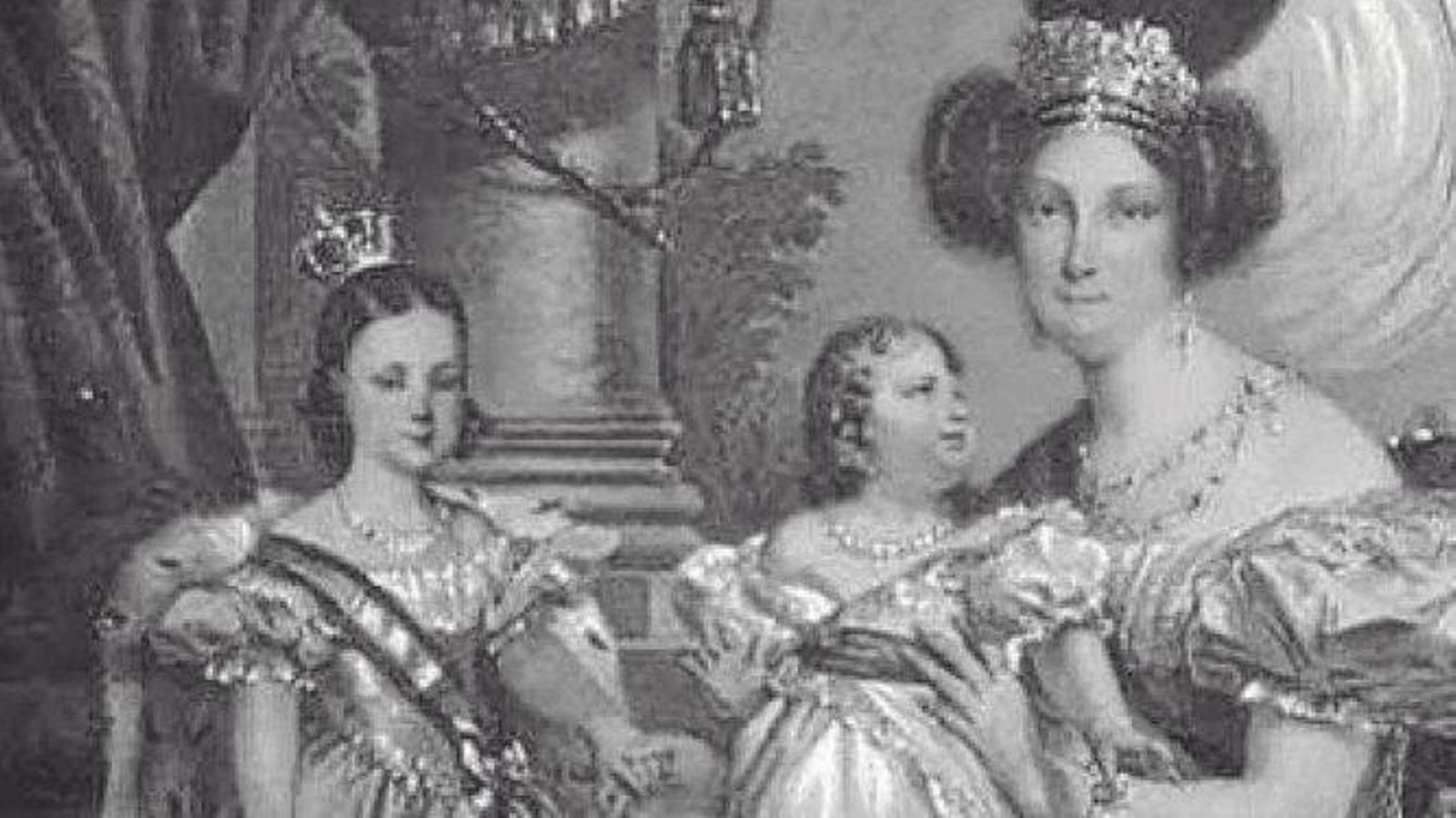 María Cristina de Borbón, Reina Regente viuda de Fernando VII, con sus hijas Isabel y María Luisa, fruto de su matrimonio con Fernando VII.