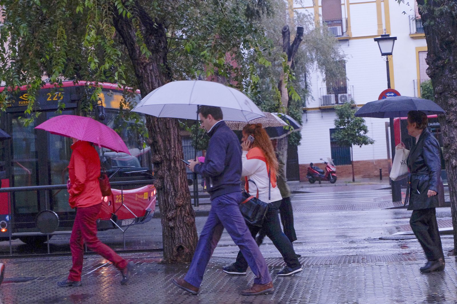Viandantes se protegen de la lluvia en Sevilla.