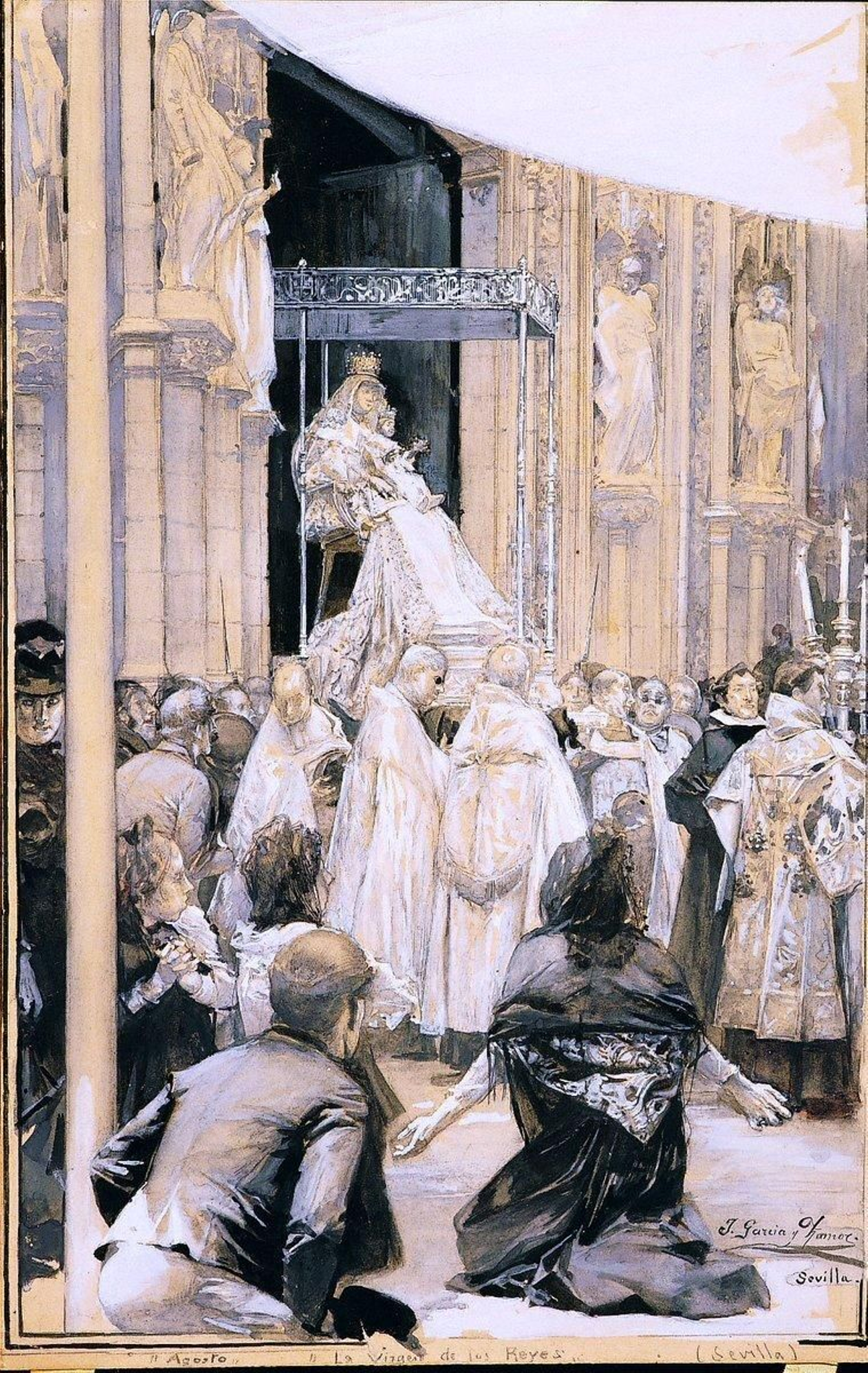 La Virgen de los Reyes bajo su antiguo palio recto, en un óleo de José García Ramos