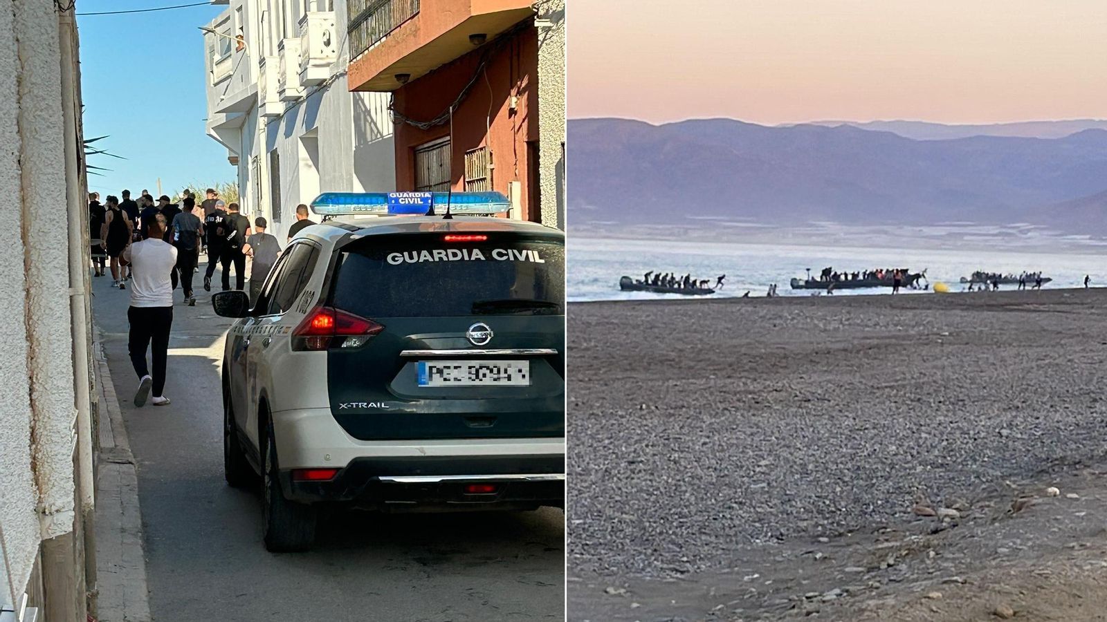 Agentes escoltando por Adra a decenas de inmigrantes llegados en avalancha a la costa