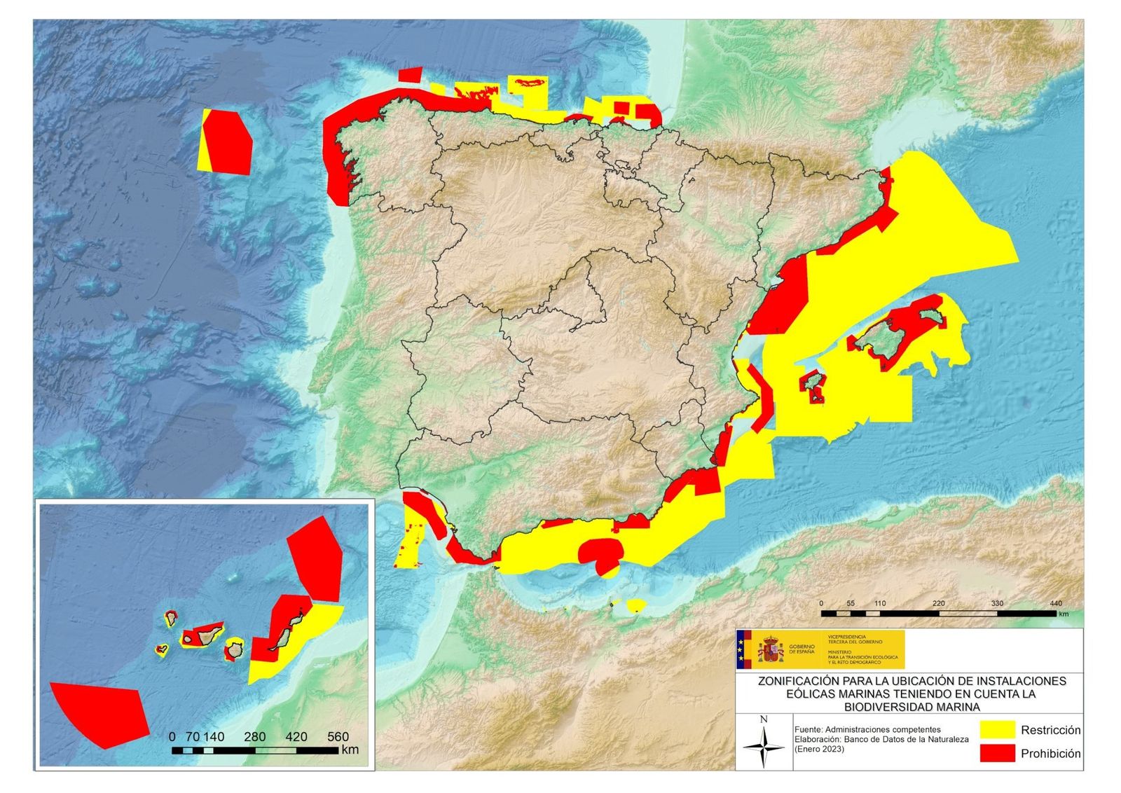Zonificación para la ubicación de eólicas marinas conforme a los criterios de biodiversidad (2023).