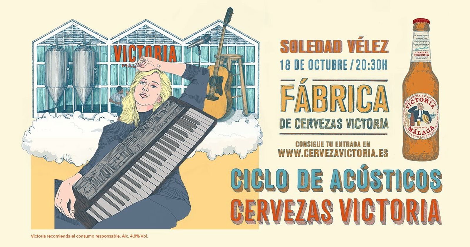 Cartel anunciador del concierto de Soledad Vélez en la Fábrica de Cervezas Victoria.