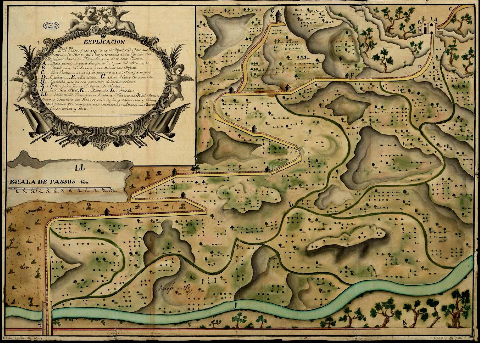 Plano del proyecto de conducción de agua desde el sitio que llaman Fuente del Rey (en la sierra del Cobre) hasta la Plaza Baja de Algeciras. Año 1726