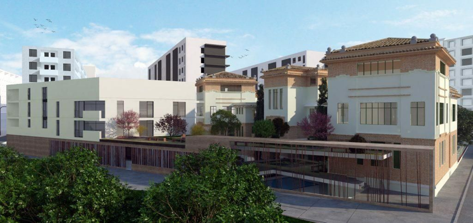 Vista trasera del Colegio de Ferroviarios con el nuevo edificio proyectado.