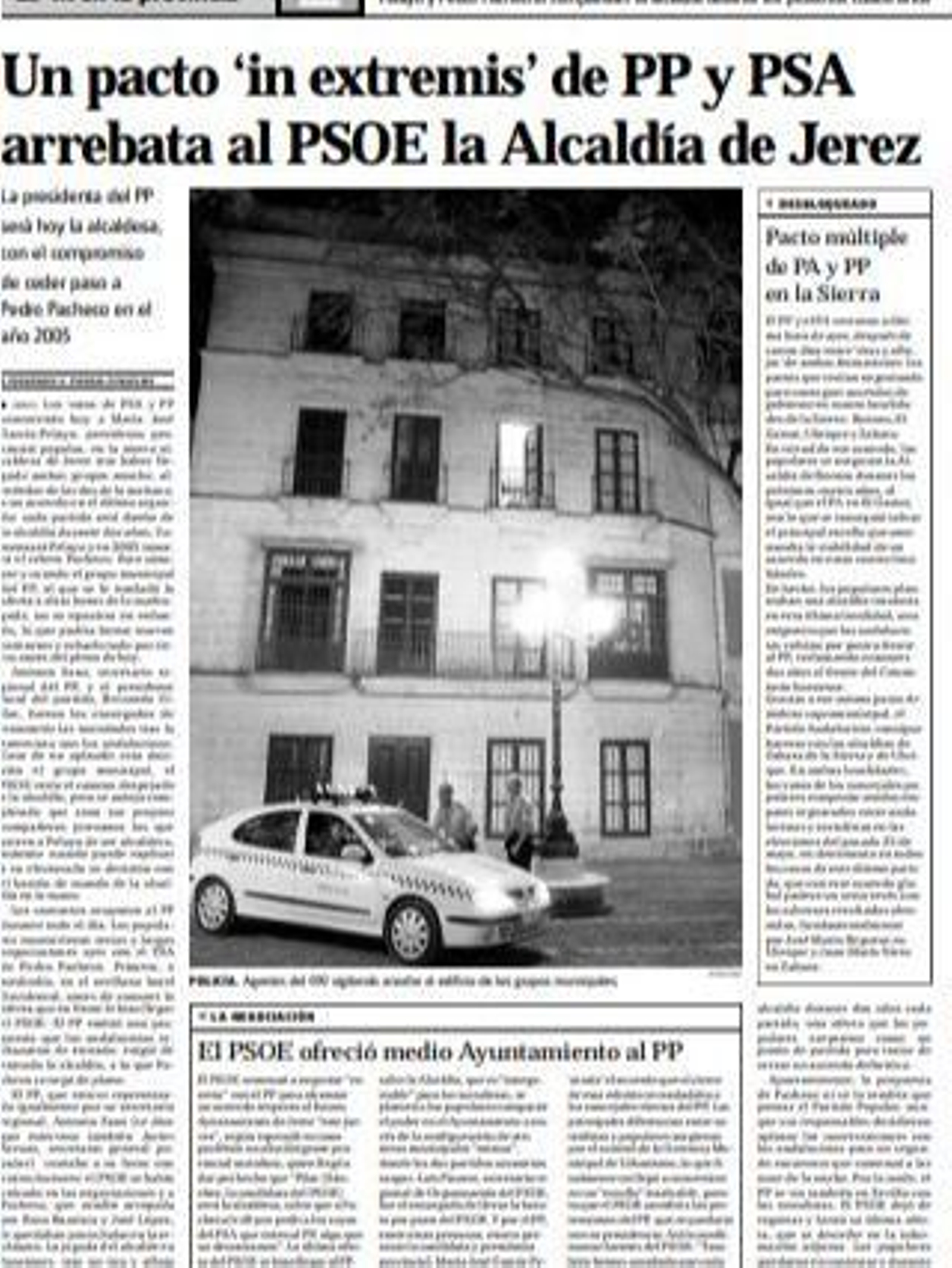 Página de Diario de Cádiz del sábado 14 de junio de 2003 anunciando el pacto que PSA y PP firmaron 'in extremis' esa misma madrugada Página de Diario de Cádiz del sábado 14 de junio de 2003 anunciando el pacto que PSA y PP firmaron 'in extremis' esa misma madrugada