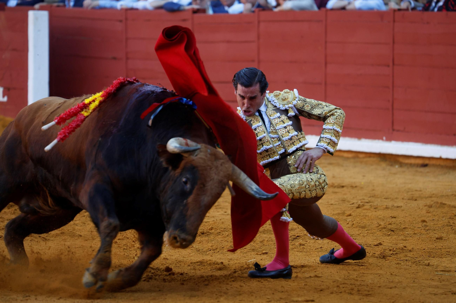 Manuel Román, Juan Ortega y Roca Rey, en la plaza de toros de Córdoba